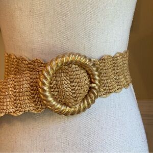 ZARA Tan Gold Scalloped Woven Straw Raffia Belt NWT